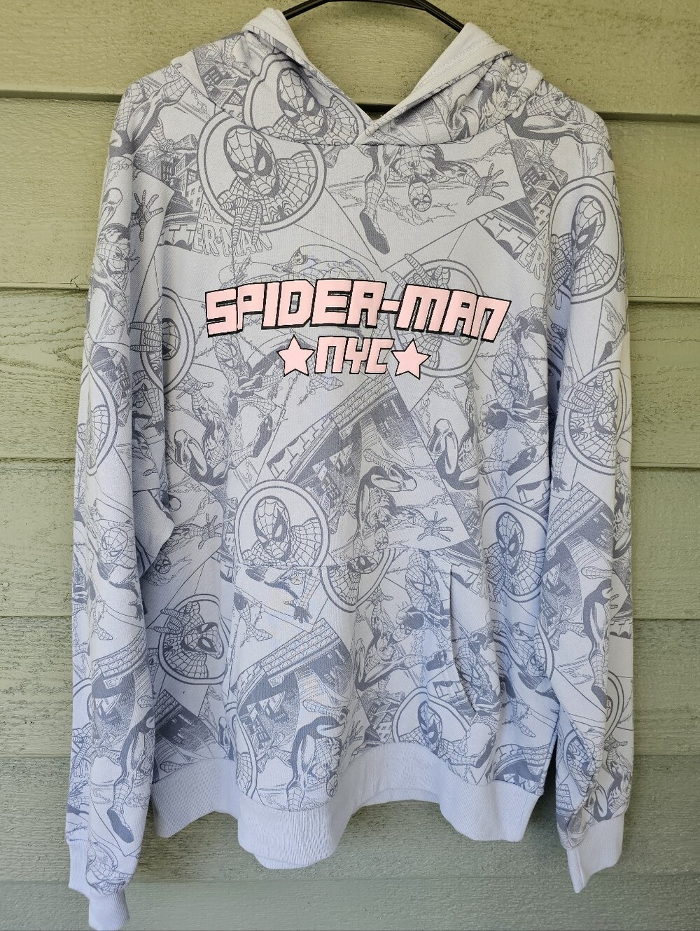 Marvel Spider-Man NYC Blue & Gray All-Over Comic Print Hoodie Women's Large